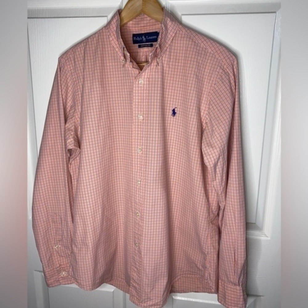 Ralph Lauren Peach Orange Long Sleeve Casual Button Down Shirt, Plaid Casual